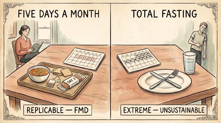 Diptych: a sinistra una FMD di cinque giorni al mese — kit pasti porzionati, calendario con i giorni cerchiati, vita quotidiana che continua; a destra un digiuno totale prolungato — piatto vuoto, calendario barrato, figura provata.