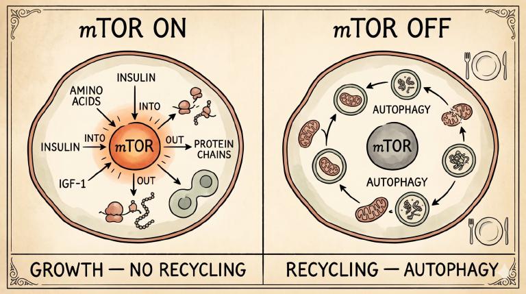 Diptych: a sinistra mTOR acceso (amminoacidi, insulina, IGF-1 in entrata, sintesi proteica e crescita cellulare in uscita); a destra mTOR spento e autofagia attiva (autofagosomi che inghiottono mitocondri danneggiati, riciclo in amminoacidi).