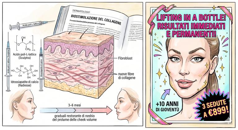 Illustrazione a due pannelli a inchiostro e acquerello: a sinistra una sezione istologica del derma con fibroblasti che depositano nuove fibre di collagene nel tempo, una timeline calma &ldquo;3-6 mesi&rdquo; con frecce di graduale ripristino di volume del profilo malare, strutture chimiche di acido poli-L-lattico (Sculptra) e idrossiapatite di calcio (Radiesse) accanto a siringhe etichettate, un manuale di dermatologia aperto su &ldquo;biostimolazione del collagene&rdquo;, luce clinica calma; a destra un poster lucido da clinica con contorni del volto caricaturalmente esagerati, slogan &ldquo;Lifting in a bottle! Risultati immediati e permanenti!&rdquo;, scintillii dorati attorno a una mandibola sovra-definita, frecce in stile photoshop &ldquo;+10 anni di gioventù&rdquo;, offerta neon &ldquo;3 sedute a €899!&rdquo;, nastri vistosi