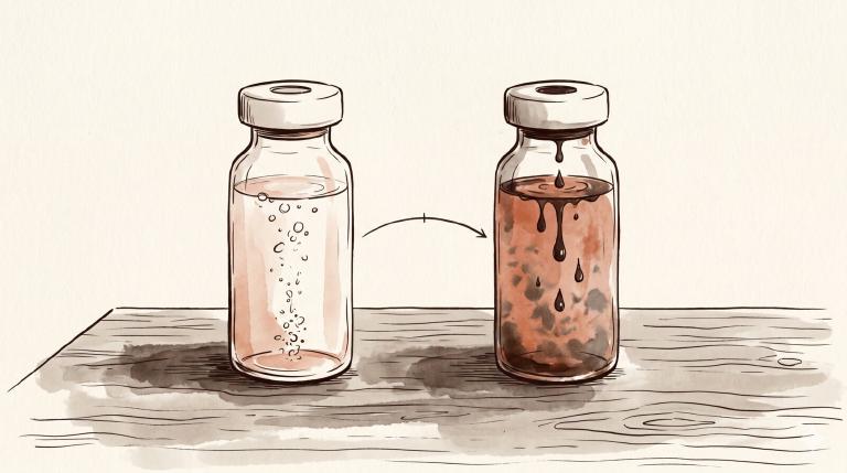 Illustrazione a due pannelli a inchiostro e acquerello: a sinistra una pipeline farmacologica ordinata con trial randomizzati, dosi, follow-up, registrazione regolatoria; a destra un catalogo lucido di filler ibridi di nuova generazione con scritte &lsquo;innovation&rsquo;, &rsquo;next-gen&rsquo;, &lsquo;Korean technology&rsquo;, logo lampeggiante