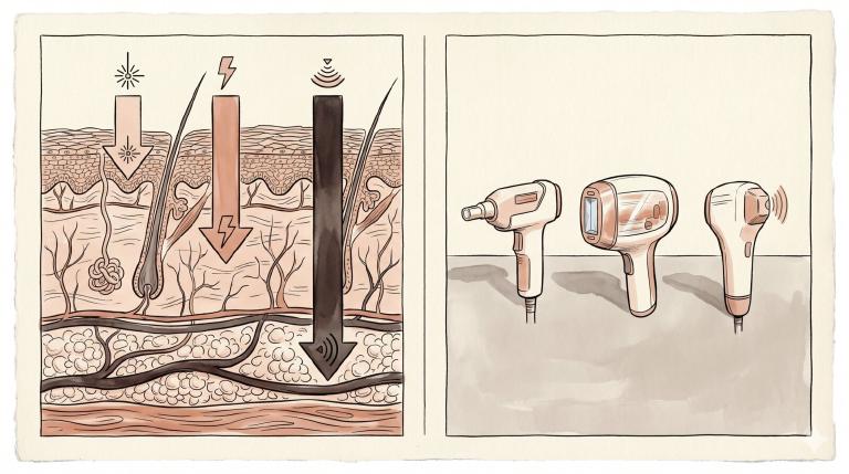 Illustrazione a due pannelli a inchiostro e acquerello: a sinistra una sala dermatologica con laser CO2 calibrato, schema delle profondità d&rsquo;azione sul tessuto cutaneo, monitoraggio dei parametri, paziente protetto con occhiali; a destra una spa luccicante con dispositivo HIFU pubblicizzato come &rsquo;lifting senza bisturi&rsquo;, stelle dorate, slogan &rsquo;no downtime, no pain&rsquo;, cartelli scintillanti