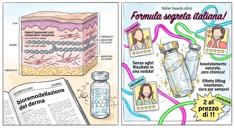 Illustrazione a due pannelli a inchiostro e acquerello: a sinistra una sezione istologica di pelle con complessi cooperativi ibridi di acido ialuronico (catene a basso e alto peso molecolare disegnate come eliche intrecciate), fibroblasti con marker cellulari etichettati, una rivista di dermatologia aperta su &ldquo;bioremodellazione del derma&rdquo;, una piccola fiala di gel trasparente con annotazioni di struttura chimica; a destra un poster lucido di clinica italiana con fiale che brillano di glitter dorato, slogan &ldquo;Formula segreta italiana!&rdquo;, endorsement caricaturali in stile influencer con cinque stelle, claim contraddittori &ldquo;Senza aghi! Risultato in una seduta!&rdquo;, nastri al neon, adesivi vistosi &ldquo;esclusivo&rdquo;, offerta &ldquo;2 al prezzo di 1!&rdquo;