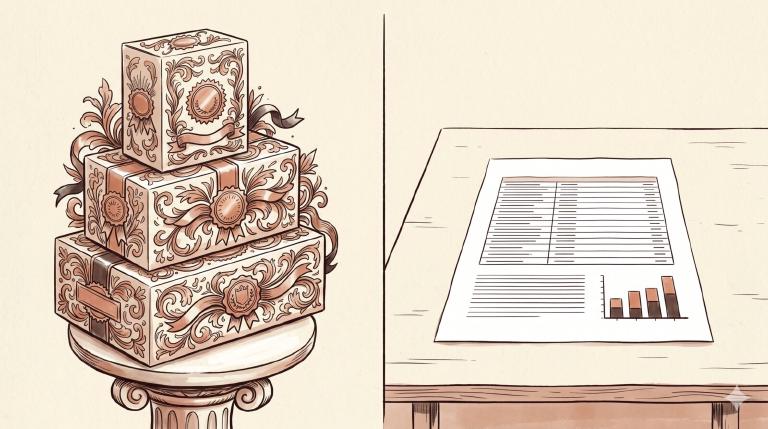 Illustrazione a due pannelli a inchiostro e acquerello: a sinistra una lettrice critica con quaderno e penna che annota domande — &lsquo;sponsor industry?&rsquo;, &rsquo;evidenza indipendente?&rsquo;, &lsquo;reversibile?&rsquo; — accanto a un trial randomizzato aperto; a destra una vetrina di clinica estetica con fotografie prima-dopo lampeggianti, slogan &lsquo;anti-aging miracle&rsquo;, stelle dorate, pacchetti scontati 2x1