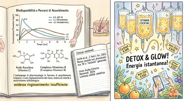 Illustrazione a due pannelli a inchiostro e acquerello: a sinistra un manuale di farmacologia aperto con curve di biodisponibilità che confrontano somministrazione orale, endovenosa e intradermica, strutture chimiche di vitamina C e complesso B, una riga evidenziata &ldquo;evidenza ringiovanimento: insufficiente&rdquo;, taccuino clinico con citazioni di studi, calma scientifica; a destra un poster glossy da spa-clinica con sacche per fleboclisi in stile cartoon piene di liquido dorato luccicante etichettate &ldquo;VITAMIN COCKTAIL&rdquo;, slogan &ldquo;DETOX & GLOW! Energia istantanea!&rdquo;, cartellini di prezzo &ldquo;Cocktail €399&rdquo;, stelle a cinque punte sparse, nessun volto reale