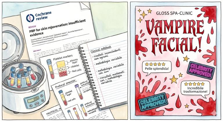Illustrazione a due pannelli a inchiostro e acquerello: a sinistra una revisione Cochrane aperta con il titolo &ldquo;PRP for skin rejuvenation: insufficient evidence&rdquo;, una centrifuga di laboratorio con provette etichettate (strato di plasma, strato piastrinico, globuli rossi), diagrammi di marker piastrinici, fogli di protocollo sparsi che mostrano metodi di estrazione incoerenti, un quaderno clinico calmo; a destra un poster patinato da spa-clinica caricaturale con la scritta &ldquo;VAMPIRE FACIAL!&rdquo; in font gotico rosso drammatico, schizzi e gocce stilizzate (illustrazione, non realistiche), stelle dorate, fumetti di testimonial finti a cinque stelle, adesivi neon &ldquo;CELEBRITY APPROVED!&rdquo;, nessun volto reale