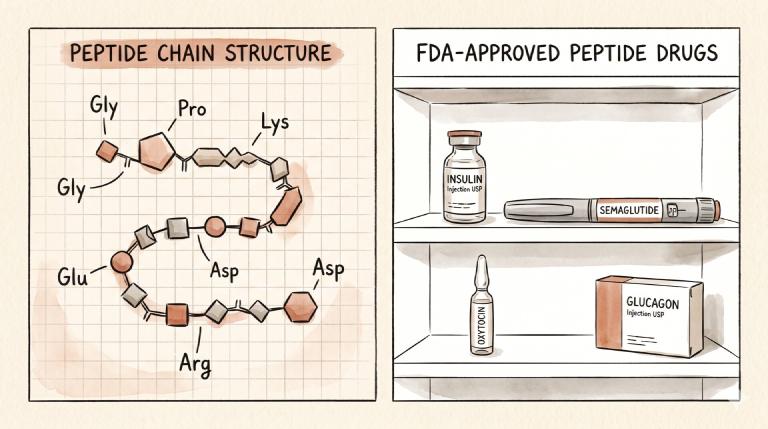 Illustrazione a due pannelli a inchiostro e acquerello: a sinistra una catena di amminoacidi disegnata come collana di sfere etichettate (Gly, Pro, Arg, Leu, Cys) collegate da legami peptidici; a destra uno scaffale ordinato di farmaci peptidici approvati FDA — fiale di insulina, ossitocina, GLP-1 (semaglutide), tesamorelin — con etichette pulite ed eleganti