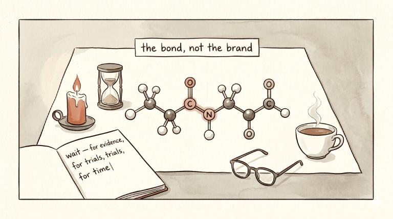 Illustrazione a pannello unico a inchiostro e acquerello: legame peptidico singolo disegnato con cura su carta crema, due amminoacidi uniti dal legame C–N evidenziato, didascalia &lsquo;il legame, non il brand&rsquo;; intorno taccuino aperto con frase a metà &lsquo;aspetta — per l&rsquo;evidenza, per i trial, per il tempo&rsquo;, candela bassa, clessidra, occhiali da lettura, tazza di tè caldo. Tono paziente, contemplativo