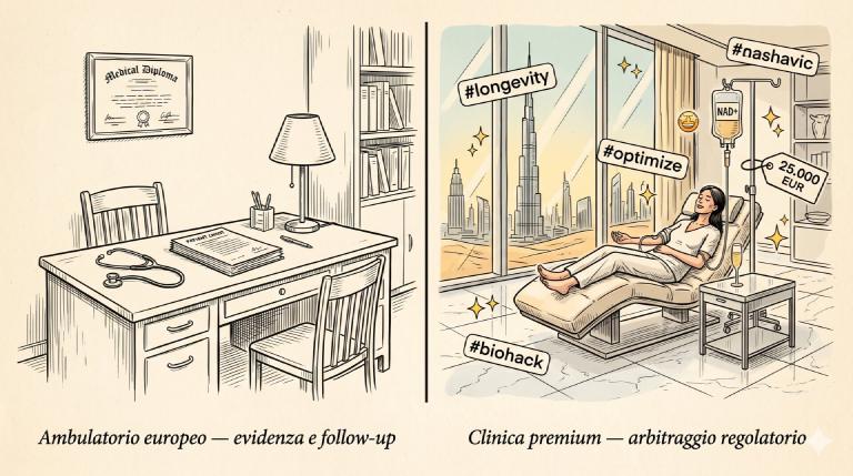 Illustrazione a due pannelli: a sinistra un ambulatorio medico europeo sobrio disegnato a inchiostro, scrivania in legno con stetoscopio, cartella clinica cartacea, diploma medico incorniciato; a destra una clinica di longevità glamour a Dubai con pavimenti in marmo, flebo di NAD+, chaise longue, skyline di grattacieli dal deserto, sticker #longevity #optimize #biohack, cartellino 25.000 EUR