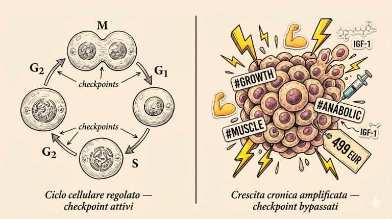 Illustrazione a due pannelli: a sinistra uno schema disegnato a inchiostro del ciclo cellulare regolato con le fasi G1, S, G2, M e frecce che indicano i checkpoint; a destra un cluster caotico di cellule che proliferano incontrollate circondate da fulmini e sticker #GROWTH #MUSCLE #ANABOLIC, cartellino 499 EUR, formula IGF-1 fluttuante