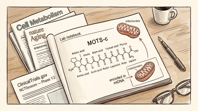 Illustrazione a pannello unico a inchiostro e acquerello: scrivania scientifica calma con taccuino aperto sulla struttura del peptide MOTS-c (16 amminoacidi etichettati), un mitocondrio in inchiostro terracotta, paper di Cell Metabolism e Nature Aging, registro ClinicalTrials.gov NCT, tazza di caffè e occhiali da lettura — l&rsquo;antitesi del catalogo grigio