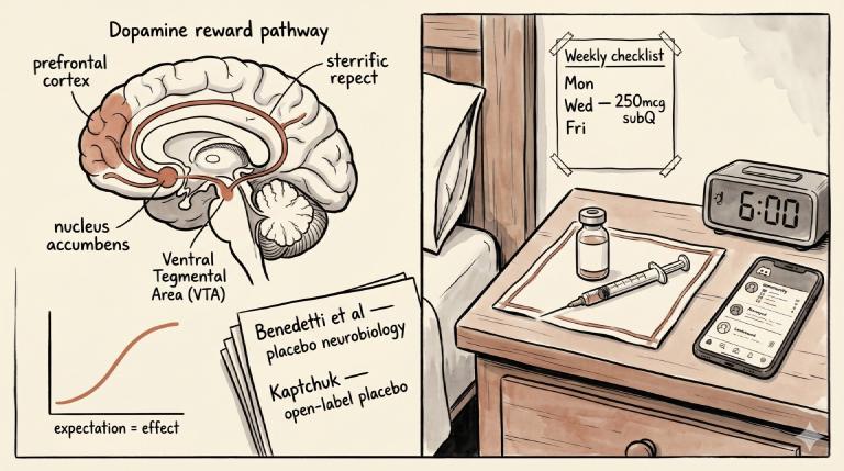 Illustrazione a due pannelli a inchiostro e acquerello: a sinistra schema scientifico del cervello con la via dopaminergica della ricompensa (VTA → nucleo accumbens → corteccia prefrontale) evidenziata in terracotta, paper di Benedetti e Kaptchuk, curva &lsquo;aspettativa = effetto&rsquo;; a destra natura morta rituale su comodino — fiala, siringa sterile su panno come tarocchi, checklist settimanale &lsquo;250mcg subQ&rsquo;, sveglia all&rsquo;alba, smartphone con chat di community