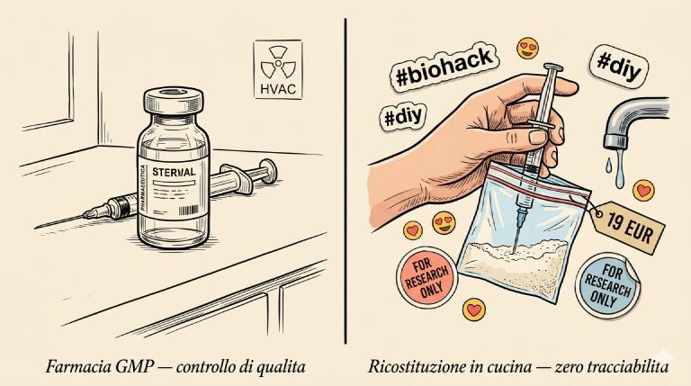 Illustrazione a due pannelli: a sinistra una fiala farmaceutica sterile con etichetta pulita su bancone di laboratorio GMP; a destra una mano che ricostituisce polvere peptidica da una bustina di plastica con siringa in una cucina domestica, circondata da sticker #biohack #diy, cartellini 19 EUR, bollini &ldquo;for research only&rdquo;