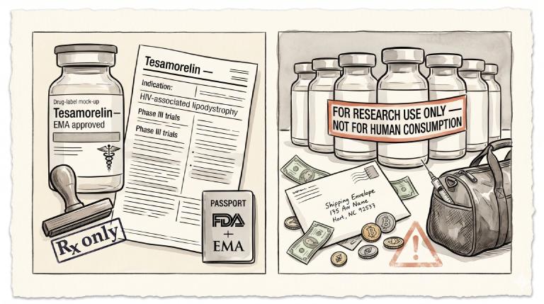 Illustrazione a due pannelli a inchiostro e acquerello: a sinistra un foglietto illustrativo pulito &lsquo;Tesamorelin — EMA approved&rsquo; con indicazione lipodistrofia HIV, timbro Rx only, caduceo, logo FDA/EMA; a destra fila di fiale anonime con sticker terracotta &lsquo;FOR RESEARCH USE ONLY — NOT FOR HUMAN CONSUMPTION&rsquo;, busta postale generica, dollari e crypto, borsa da palestra con siringa, triangolo di pericolo