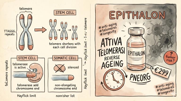 Illustrazione a due pannelli a inchiostro e acquerello: a sinistra schema scientifico di un cromosoma con cappucci telomerici, telomerasi attiva nella cellula staminale e silenziata nella somatica, annotazioni &lsquo;TTAGGG&rsquo; e &rsquo;limite di Hayflick&rsquo;; a destra poster pubblicitario glamour per Epithalon — fiala con scritta &lsquo;ATTIVA TELOMERASI&rsquo; &lsquo;REVERSE AGEING&rsquo; €299, hashtag, e nelle ombre cellule tumorali in proliferazione con sticker &lsquo;rischio tumore?&rsquo;