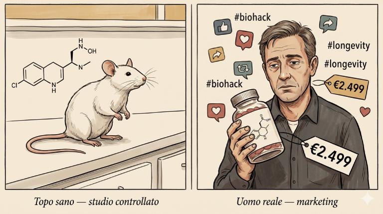 Illustrazione a due pannelli: a sinistra un topo sano accanto alla struttura chimica di un peptide in uno studio controllato di laboratorio; a destra un uomo adulto che tiene in mano un flacone di integratori peptidici circondato da hashtag #biohack #longevity, emoji e cartellini da 2.499 euro