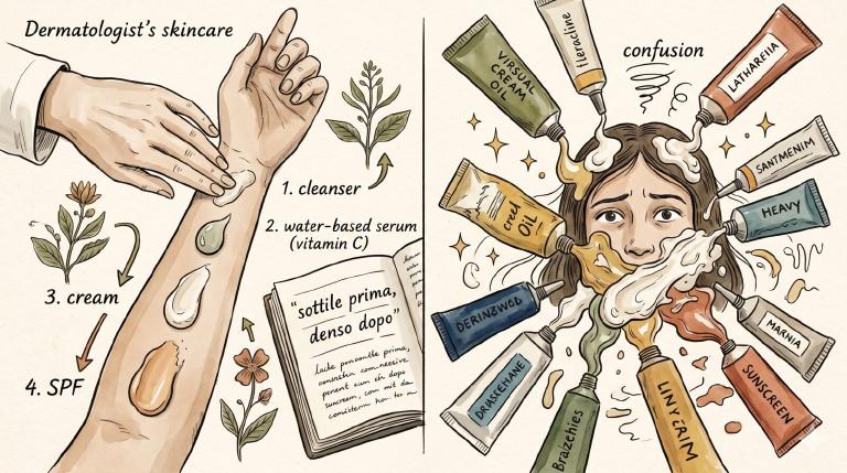 Illustrazione a inchiostro e acquerello, due pannelli: a sinistra una mano di dermatologa applica skincare nell&rsquo;ordine corretto su un avambraccio, dal più sottile al più denso — &lsquo;1. detergente&rsquo;, &lsquo;2. siero acquoso (vitamina C)&rsquo;, &lsquo;3. crema&rsquo;, &lsquo;4. SPF&rsquo;, con frecce che indicano la stratificazione, un quaderno aperto annota &lsquo;sottile prima, denso dopo&rsquo;, estetica anatomica botanica; a destra un&rsquo;applicazione caotica di sette prodotti tutti insieme in ordine casuale, crema sopra olio, solare schiacciato sotto crema pesante, scintille e linee di confusione, flaconi che spruzzano da ogni direzione, un volto perplesso, tubi sparsi di dodici marche diverse