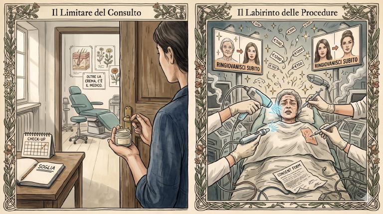 Illustrazione a inchiostro e acquerello, due pannelli: a sinistra una scena di soglia tranquilla — una mano regge un piccolo vasetto di crema mentre guarda una porta aperta che dà in una stanza clinica con una poltrona da dermatologo, un cartello manoscritto recita &lsquo;oltre la crema, c&rsquo;è il medico&rsquo;, schizzi anatomici botanici alle pareti, luce morbida, un quaderno aperto con la parola &lsquo;soglia&rsquo; sottolineata, un calendario con un check-up segnato; a destra una sovrapposizione caotica di procedure — una persona sotto laser, ago, filler injection e peeling chimico tutti contemporaneamente, circondata da uno sciame di cartellini di prezzo, scintille, cartelloni prima/dopo che gridano &lsquo;ringiovanisci subito&rsquo;, fumo e confusione, un modulo di consenso caduto a terra