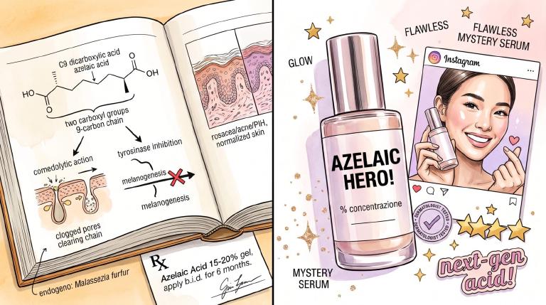 Illustrazione a due pannelli a inchiostro e acquerello: a sinistra un manuale di dermatologia aperto con la struttura chimica dell&rsquo;acido azelaico (C9 dicarboxylic acid), schema dell&rsquo;azione comedolitica e dell&rsquo;inibizione della tirosinasi con freccia &ldquo;melanogenesis&rdquo; bloccata in rosso, sezione istologica di rosacea/acne/PIH normalizzata, ricetta medica &ldquo;Azelaic Acid 15-20% gel&rdquo; e nota a margine &ldquo;endogeno: Malassezia furfur&rdquo;, toni ambra e grafite calmi; a destra una bottiglia minimalista di siero glossy che urla &ldquo;AZELAIC HERO!&rdquo; in carattere 72pt con &ldquo;% concentrazione&rdquo; lasciata vuota, screenshot Instagram di un&rsquo;influencer con il prodotto, finti badge &ldquo;dermatologist tested&rdquo;, scintille glitterate, slogan &ldquo;next-gen acid!&rdquo; in lettering acidulo, stelline dorate