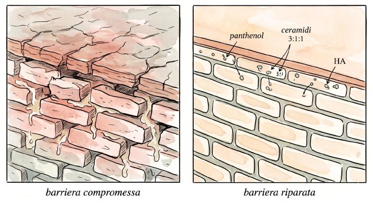 Illustrazione a due pannelli a inchiostro e acquerello: a sinistra &ldquo;barriera compromessa&rdquo; — sezione trasversale dello strato corneo con i corneociti (i &ldquo;mattoni&rdquo;) sfaldati e dispersi, lipidi del cemento intercellulare che fuoriescono come gocce, superficie fessurata e infiammata, toni rossastri; a destra &ldquo;barriera riparata&rdquo; — stesso muro di mattoni intatto e coeso con cemento lipidico continuo, etichette che indicano &ldquo;panthenol&rdquo;, &ldquo;ceramidi 3:1:1&rdquo; e &ldquo;HA&rdquo; che permeano gli strati, superficie liscia e toni caldi sani; stile inchiostro e acquerello tenue, palette terracotta-crema-salvia