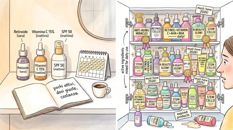 Illustrazione a due pannelli a inchiostro e acquerello: a sinistra una mensola da bagno minimalista con tre soli flaconi etichettati in modo chiaro — &ldquo;Retinoide (sera)&rdquo;, &ldquo;Vitamina C 15% (mattino)&rdquo;, &ldquo;SPF 50 (mattino)&rdquo; — disposti con ordine, un quaderno aperto con la frase scritta a mano &ldquo;pochi attivi, dosi giuste, costanza&rdquo; e un piccolo calendario da scrivania con applicazioni quotidiane spuntate, una tazza di caffè, luce calda e calma, toni ambra e grafite, niente glitter; a destra un mobile da bagno caotico stipato di flaconi colorati ammassati su tre ripiani, etichette urlate &ldquo;ANTI-AGING MIRACLE!&rdquo;, &ldquo;RETINOL+VITAMIN C+AHA+BHA — daily!&rdquo;, &ldquo;K-BEAUTY GLOW!&rdquo;, &ldquo;STEM CELLS!&rdquo;, scintillii glitterati dorati, finte fasce premio, cartelli &ldquo;must-have 2026!&rdquo;, attivi incompatibili mescolati nello stesso giorno, prodotti scaduti caduti per terra, packaging neon, donna sulla destra con espressione di confusione che guarda lo scaffale