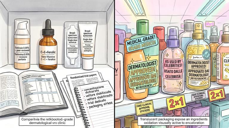 Illustrazione a due pannelli a inchiostro e acquerello: a sinistra uno scaffale ordinato di prodotti dermatologici medical grade su un banco da clinica — flacone airless opaco di retinoide etichettato &ldquo;Tretinoin 0,05% — peer-reviewed&rdquo;, siero alla vitamina C 15% L-ascorbico in vetro ambrato con etichetta &ldquo;C+E+Ferulic&rdquo;, filtro solare a spettro ampio in packaging tecnico monodose, ciascuno con concentrazione dichiarata visibile; un manuale di dermatologia aperto su tabelle comparative di concentrazioni, fogli di trial randomizzati impilati, un quaderno con criteri annotati (&ldquo;concentrazione dichiarata&rdquo;, &ldquo;vettore stabilizzato&rdquo;, &ldquo;trial dedicato&rdquo;, &ldquo;packaging airless&rdquo;), toni ambra e grafite calmi, luce clinica neutra. A destra una corsia di drugstore caotica con flaconi colorati ammucchiati che vantano grandi adesivi &ldquo;MEDICAL-GRADE!&rdquo; stampati su formulazioni economiche, slogan &ldquo;AS USED BY CELEBRITIES!&rdquo;, &ldquo;DERMATOLOGIST APPROVED!&rdquo; senza riferimenti, etichette confuse, scintillii glitterati dorati, prezzi scontati 2x1, finte stickers di approvazione clinica, packaging traslucido che esporrebbe gli attivi all&rsquo;ossidazione, neon vistosi