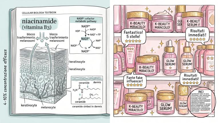 Illustrazione a due pannelli a inchiostro e acquerello: a sinistra un quaderno di farmacologia cellulare con la niacinamide come cofattore NADP+, un diagramma del trasferimento dei melanosomi bloccato fra melanocita e cheratinocita, frecce verso la sintesi di ceramidi e il rinforzo della barriera, una nota a margine &ldquo;concentrazione efficace 4-10%&rdquo;, toni ambra e grafite; a destra uno scaffale K-beauty con un flacone glitterato che urla &ldquo;MIRACLE NIACINAMIDE!&rdquo; in carattere 72pt, INCI list dove &ldquo;niacinamide&rdquo; appare ventesima in fondo, finti testimonial con stelline dorate, scintille e claim contraddittori