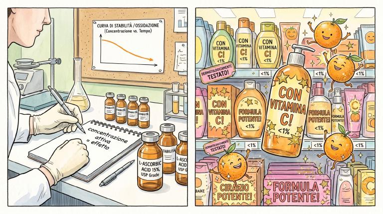Illustrazione a due pannelli a inchiostro e acquerello: a sinistra una scrivania da laboratorio farmaceutico con un flacone ambrato di acido L-ascorbico al 15% USP, una curva di ossidazione/stabilità (concentrazione vs tempo) appesa al muro, un quaderno aperto con la nota &ldquo;concentrazione attiva = effetto&rdquo;, la mano di una scienziata che annota con una penna fine, estetica clinica calma; a destra una corsia di drugstore caotica con flaconi che gridano &ldquo;CON VITAMINA C!&rdquo; in carattere titolo 72pt e microscopiche diciture &ldquo;<1%&rdquo; in fondo, glitter, finte stickers &ldquo;Dermatologicamente testato!&rdquo;, arance scintillanti che volano, stelle dorate, nessuna dichiarazione trasparente della percentuale