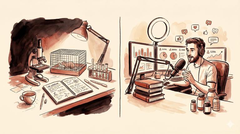 Due pannelli a inchiostro e acquerello su sfondo crema, toni terracotta e seppia: a sinistra una scrivania da laboratorio anni &lsquo;80 — microscopio, gabbia con ratto, taccuino aperto con annotazioni a mano, pipette, tazza di tè, lampada da scrivania con luce calda, silenzio profondo; a destra uno studio di content creator contemporaneo — uomo a una scrivania da podcast con microfono e cuffie, ring light, monitor con grafici e contatori di follower, libro impilato accanto, integratori in mostra, notifiche social fluttuanti — estetica brillante e rumorosa. La quiete del laboratorio contro il rumore del mercato