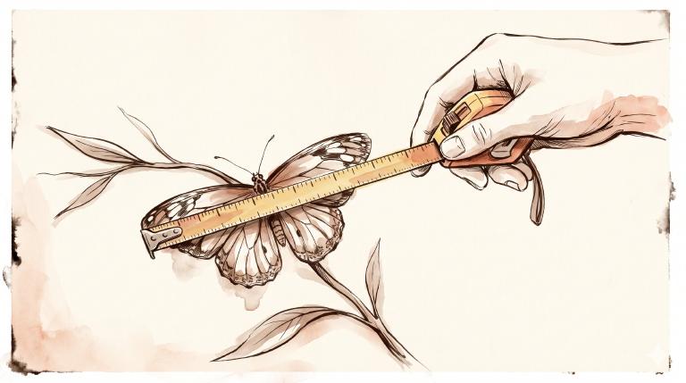 Illustrazione a inchiostro e acquerello su sfondo crema, toni terracotta e seppia: una mano umana tiene un metro a nastro teso sopra le ali aperte di una farfalla posata su un ramo sottile — il metro rigido e meccanico contro le curve organiche delle ali, l&rsquo;assurdità di misurare ciò che sfugge alla misura