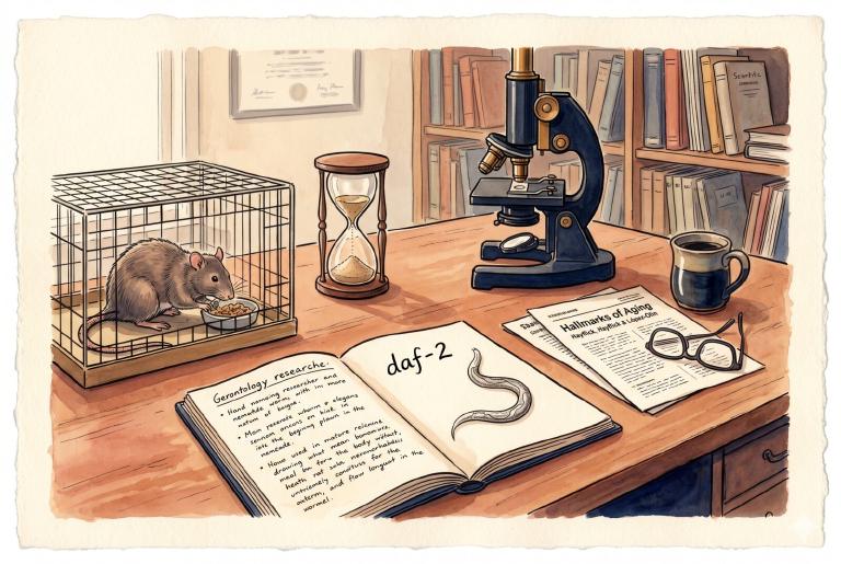 Scrivania scientifica calma anni &lsquo;30-&lsquo;90: taccuino con la sigla daf-2 e una piccola C. elegans, microscopio ottico vintage, gabbia con ratto di McCay, clessidra, paper di Hayflick e López-Otín &ldquo;Hallmarks of Aging&rdquo;, tazza di caffè e occhiali — illustrazione a inchiostro e acquerello su carta crema