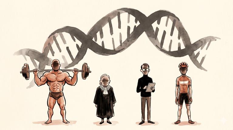 Illustrazione a inchiostro e acquerello su sfondo crema, toni terracotta e seppia, pannello unico: quattro figure anonime allineate, volti in ombra, ciascuna archetipica — un bodybuilder muscoloso col bilanciere, una piccola figura anziana in toga giudiziaria con jabot di pizzo, un uomo magro col dolcevita nero e occhiali tondi che tiene un tablet, un ciclista snello in maglia da corsa col casco. Sopra di loro un&rsquo;ombra vasta e incombente a forma di doppia elica di DNA che si srotola — una forza biologica indifferente che cala oscurità su tutte e quattro. Le figure appaiono piccole e fragili sotto l&rsquo;ombra nonostante l&rsquo;evidente accesso e ricchezza