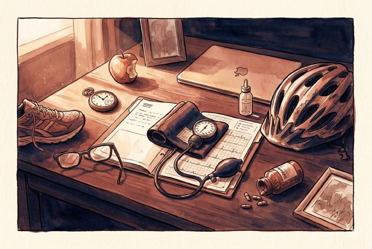 Natura morta contemporanea (vanitas medica) a inchiostro e acquerello: tavolo di legno scuro con casco da ciclista usurato, MacBook chiuso, mela morsa, bracciale per pressione srotolato, fascicolo medico aperto con grafici ECG, flebo, integratori rovesciati, orologio da tasca antico fermo, scarpa da corsa, occhiali da lettura, fotografia in cornice scolorita — il silenzio dopo che la biologia ha avuto l&rsquo;ultima parola nonostante tutte le risorse